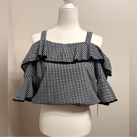 Cottage code ruffled Gingham black + white Boho top - Picture 1 of 10